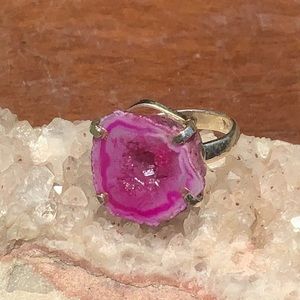 PINK AGATE DRUZY GEODE 925 STERLING SILVER RING, SIZE 8.75